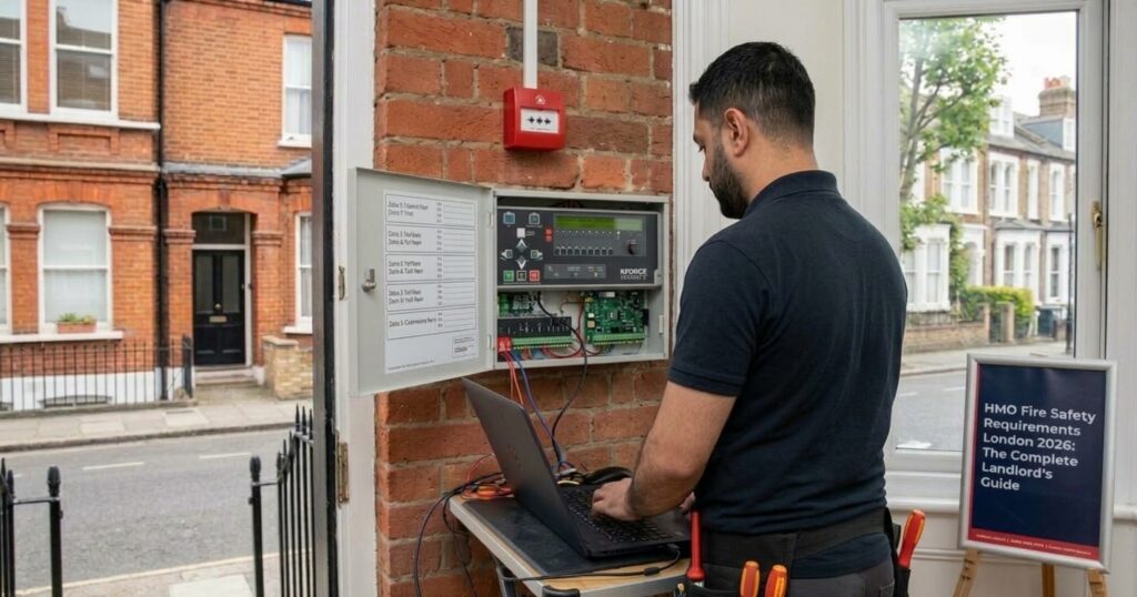 HMO property fire alarm panel installed by KForce Security engineer in London